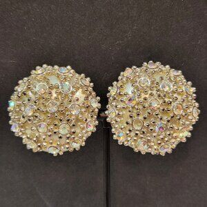 Large Vintage Silver Tone Button Style Textured Rhinestone Clip On Earrings